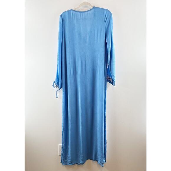 Rise and Bloom Embroidered Long Sleeve Tie Neck Maxi Dress Blue Medium - Picture 14 of 15